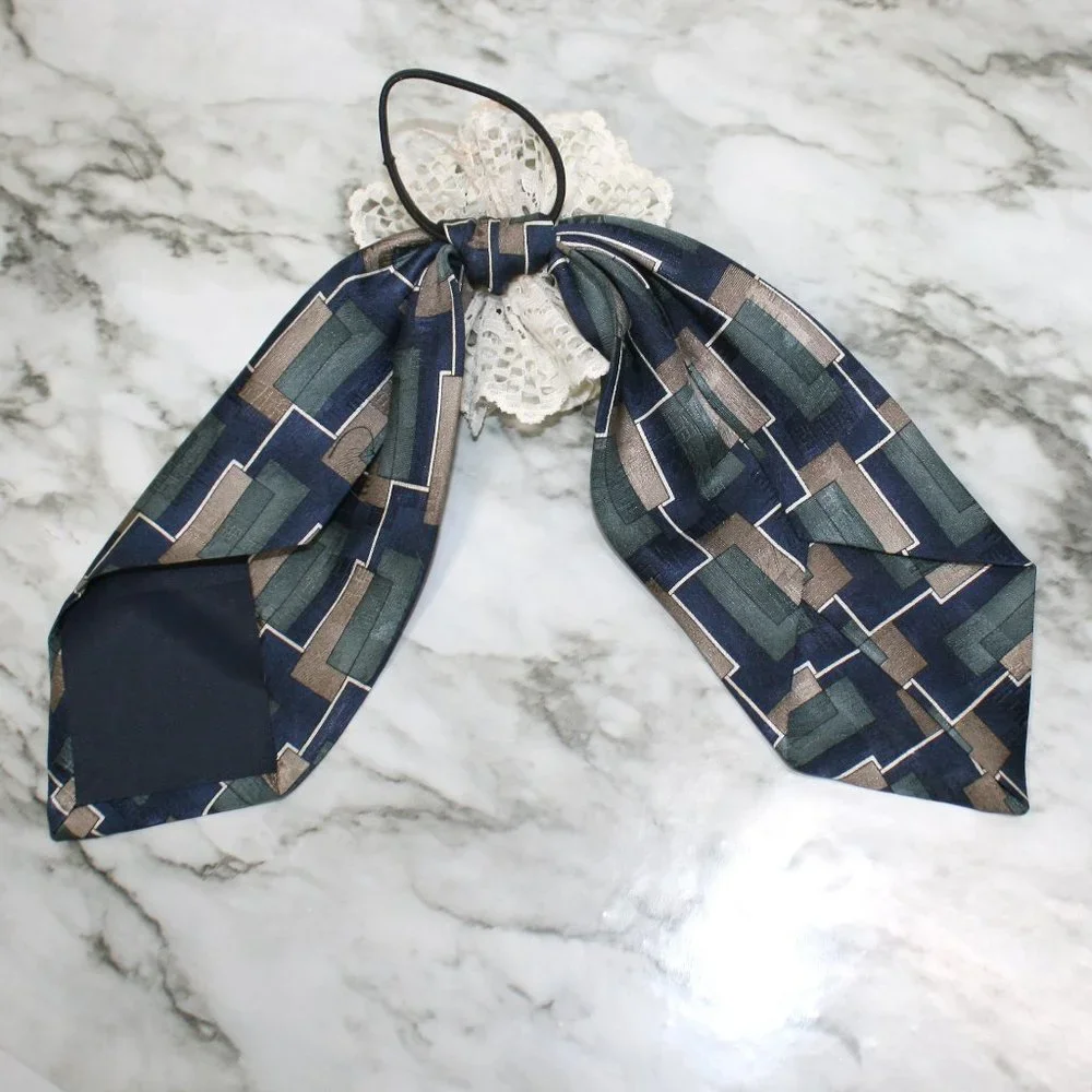 HAND CRAFTED Hair Scrunchy Bow Floral Upcycled Men's Silk Necktie Teal Blue